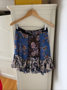 Zara Floral Patchwork Ruffle Hem Skirt - Blue